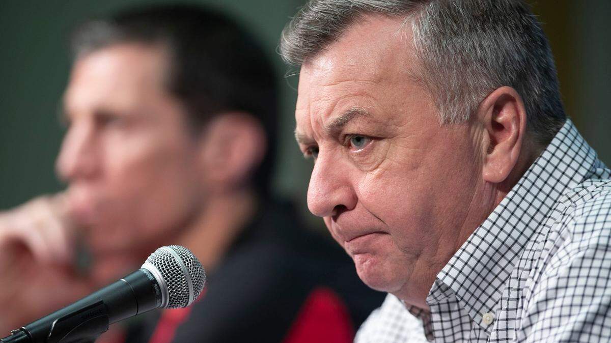 Carolina Hurricanes President and General Manager Don Waddell and coach Rod Brind’Amour, left, hold their final press conference of the season on Tuesday, May 21, 2019 at PNC Arena in Raleigh, N.C. Waddell and Brind’Amour said they wanted to keep the team they have developed together.