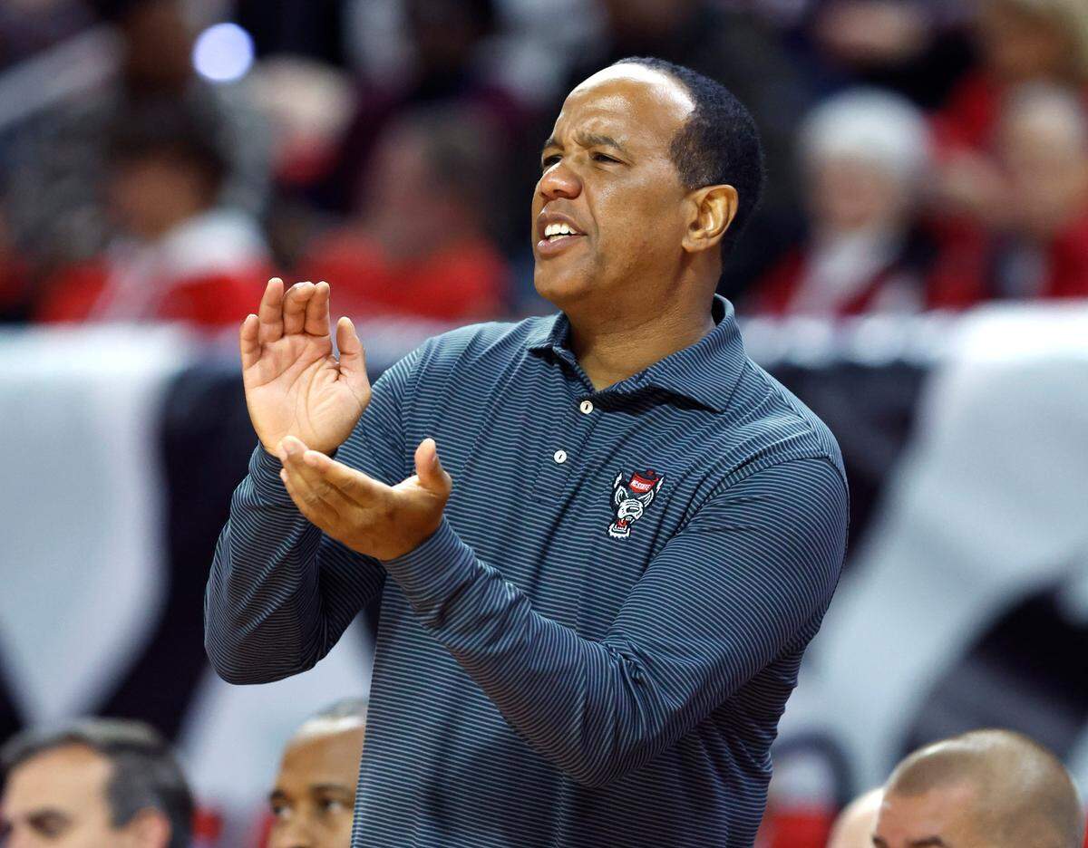N.C. State head coach Kevin Keatts encourages his team during the second half of N.C. State’s 89-76 exhibition victory over Mount Olive at PNC Arena in Raleigh, N.C., Wednesday, Nov. 1, 2023.