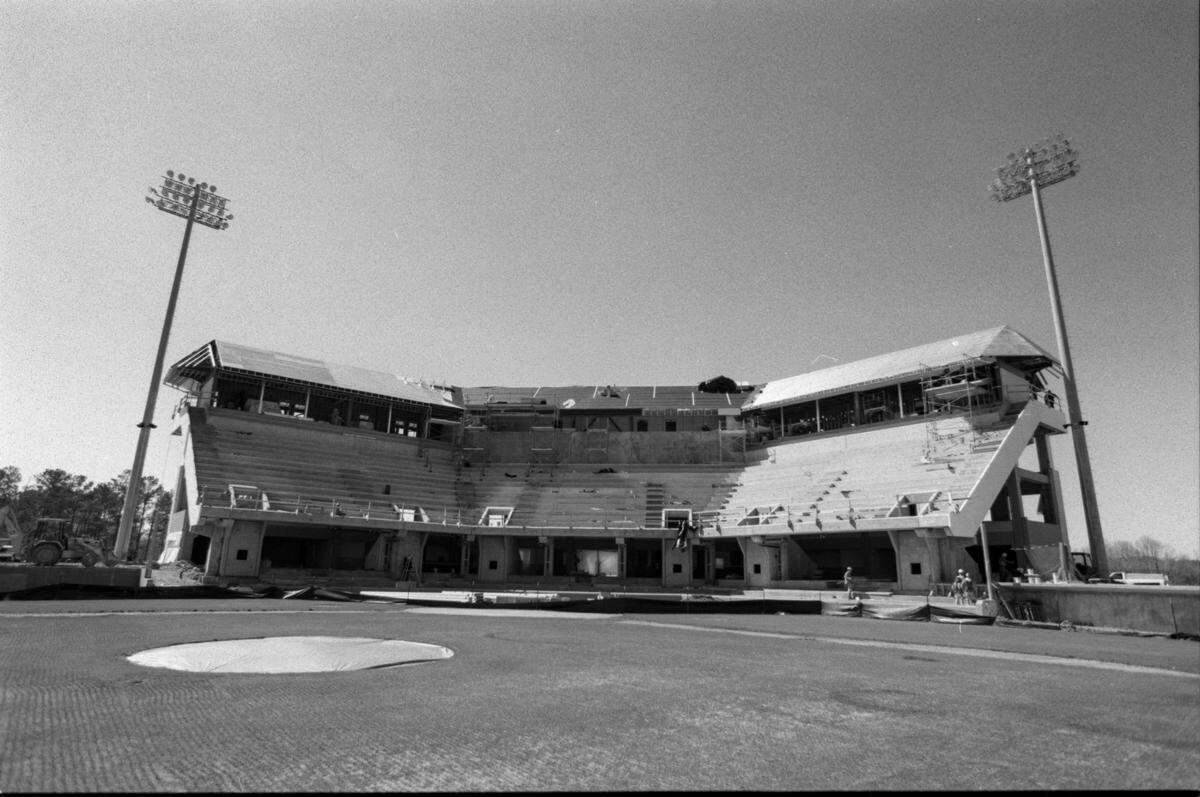 A 1999 photo shows renovations at Five County Stadium in Zebulon.