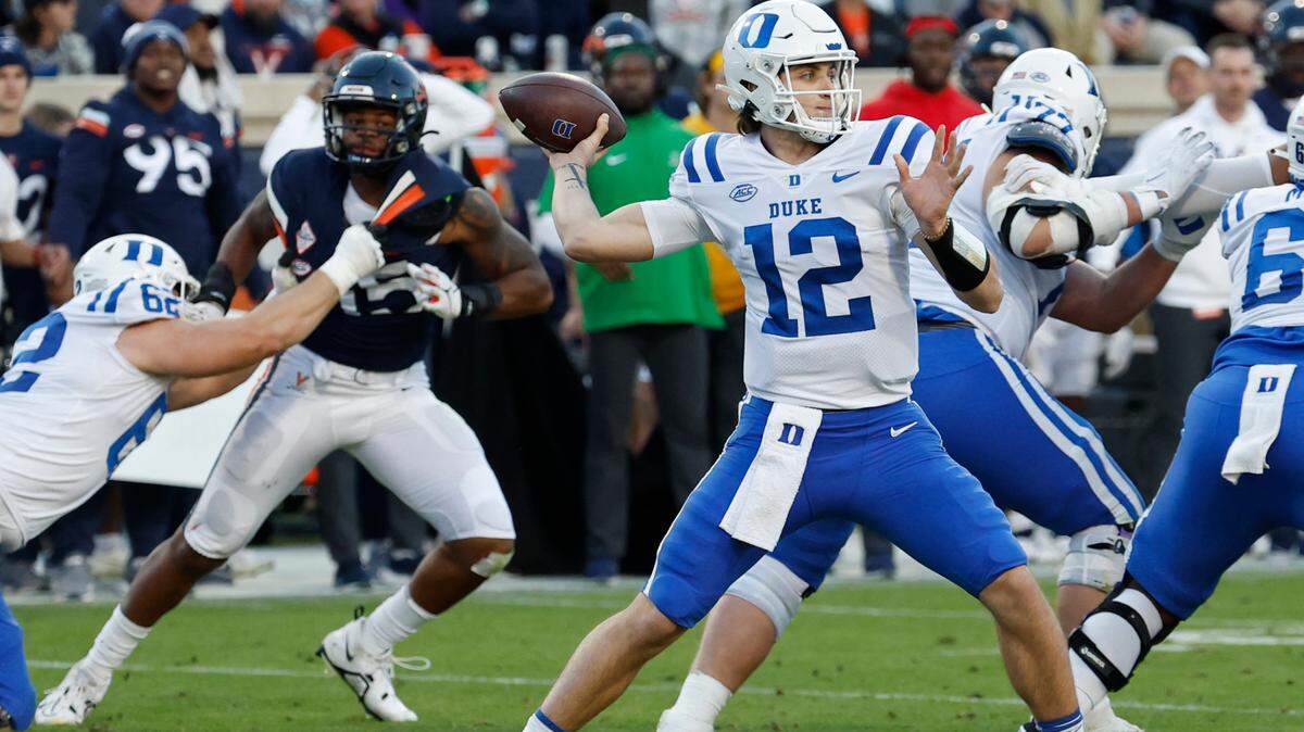 Nov 18, 2023; Charlottesville, Virginia, USA; Duke Blue Devils quarterback Grayson Loftis (12) passes the ball against the Virginia Cavaliers during the second quarter at Scott Stadium.