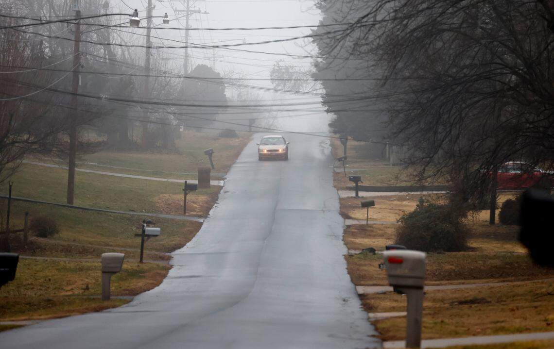 A vehicle drive down Retnuh Drive, which is within the evacuation zone for the Winston Weaver Company fertilizer plant fire, in Winston-Salem, N.C., Thursday, Feb. 3, 2022.