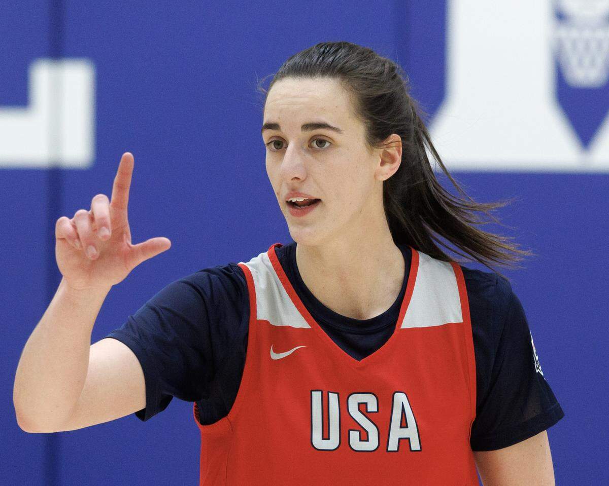 Caitlin Clark motions during a scrimmage at USA Basketball Women’s National Team training camp on Friday, Dec. 12, 2025, in Durham, N.C.