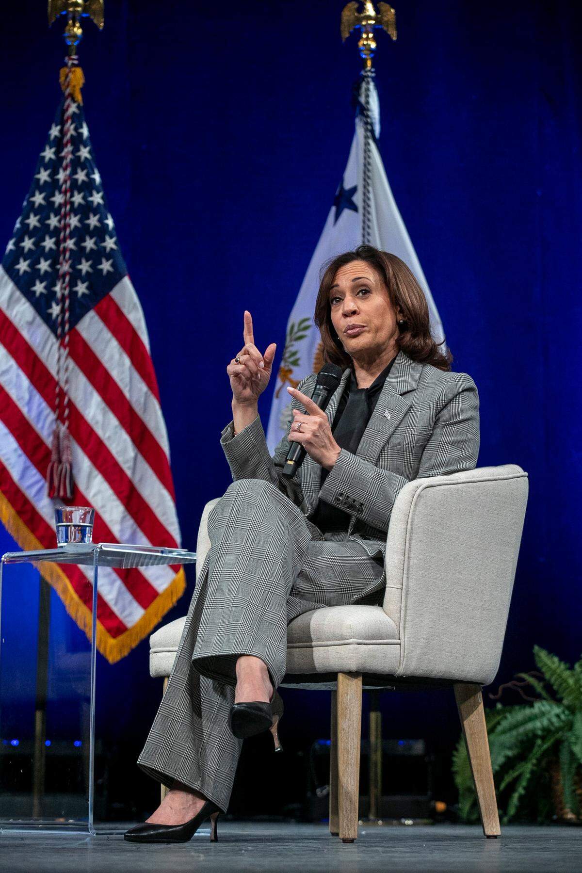 Vice President Kamala Harris speaks during a discussion on community development and small business in the Fletcher Theatre at the Duke Energy Performing Arts Center on Monday, January 30, 2023 in Raleigh, N.C.