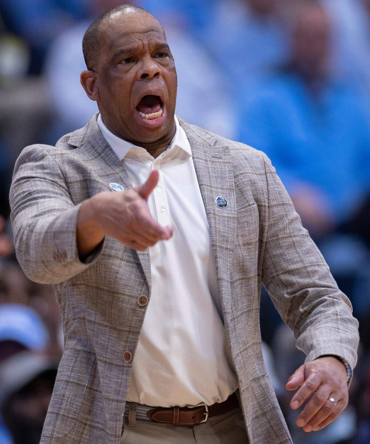 North Carolina coach Hubert Davis directs his team during the second half against Louisville on Wednesday, January 17, 2024 at the Smith Center in. Chapel Hill, N.C.