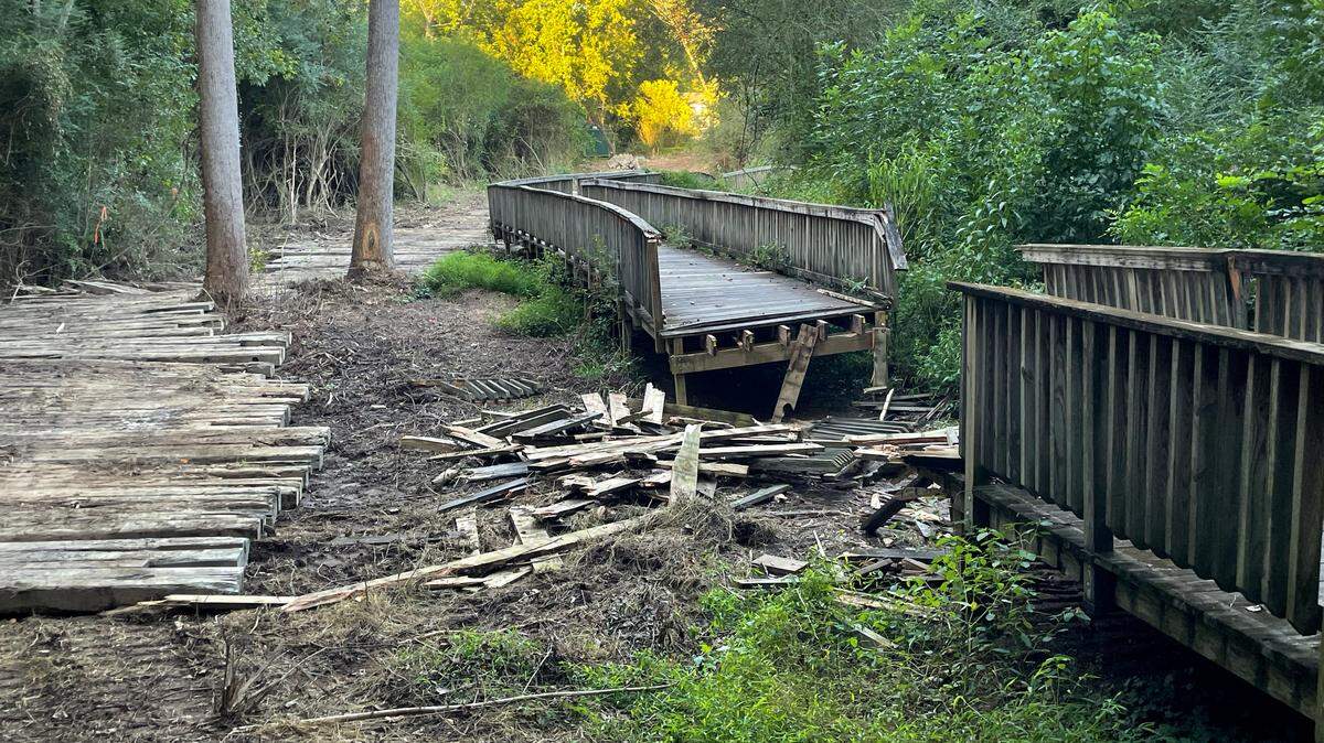 A three-mile stretch of the Walnut Creek Greenway Trail in Raleigh, N.C., has been closed since April while sewer pipes are replaced adjacent to the greenway. Photographed near Rose Lane on Sept. 8, 2022.