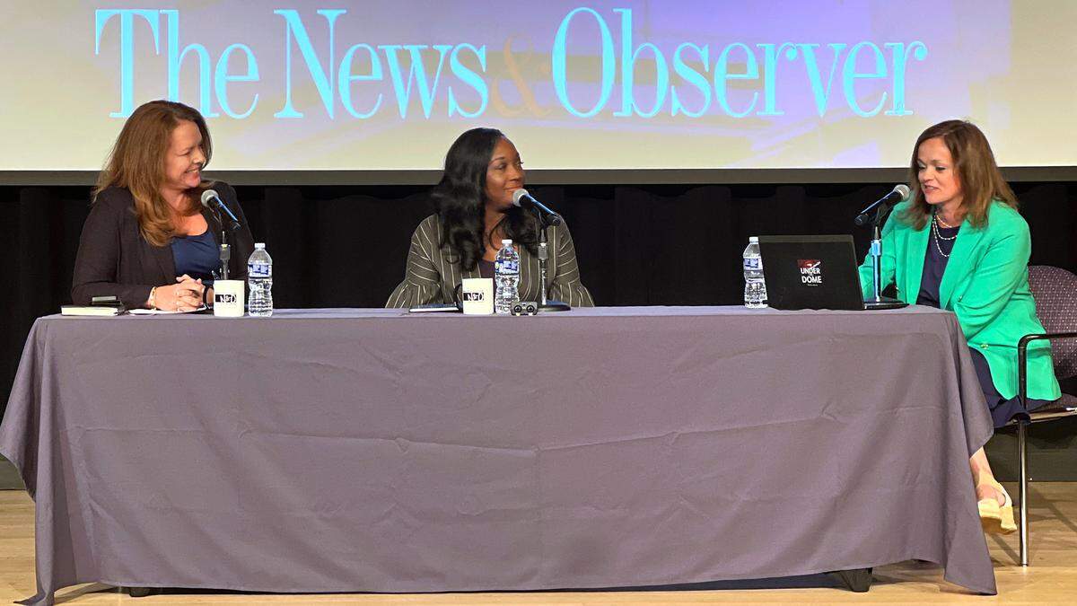 News & Observer Capitol Bureau Chief Dawn Baumgartner Vaughn (right) leads a conversation with State Sen. Vickie Sawyer, a Republican from Mecklenburg County (left) and Sen. Natalie Murdock, (center), a Democrat representing Durham and Chatham counties.