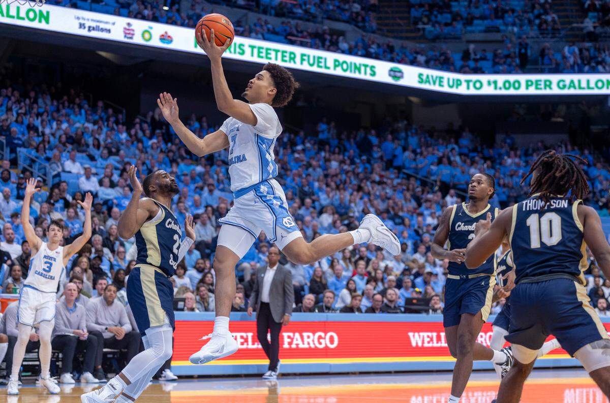 North Carolina’s Seth Trimble (7) breaks to the basket on a fast break in the second half against Charleston Southern on Friday, December 29, 2023 at the Smith Center in Chapel Hill, N.C.
