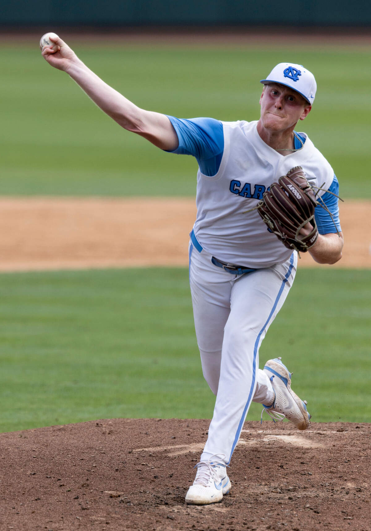 North Carolina starting pitcher Max Carlson (35) works from the mound in the third inning against Hofstra on Friday, June 3, 2022 during the NCAA Regional at Boshamer Stadium in Chapel Hill, N.C. Carlson was credited with the win in the Tar Heels’ 15-4 victory.