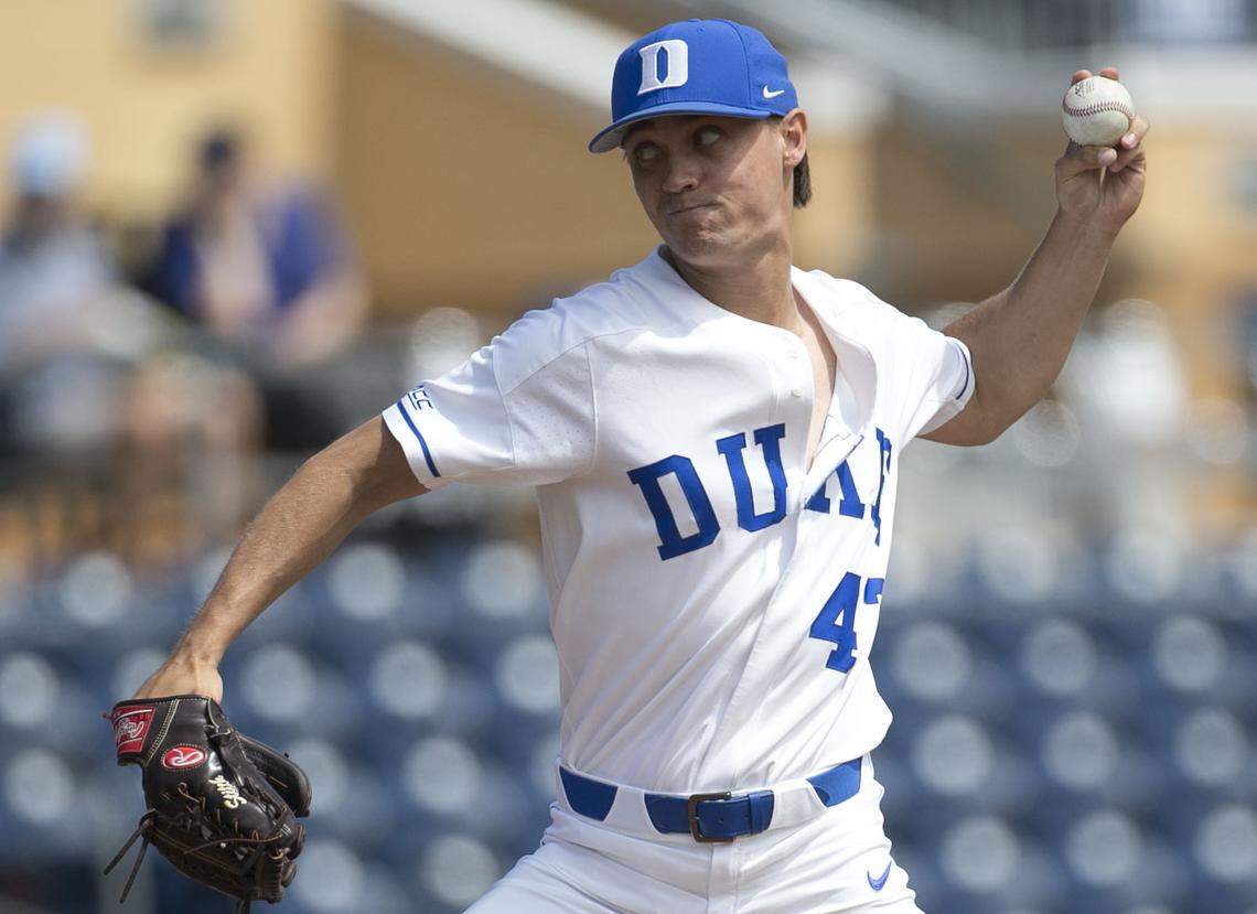 Duke starting pitcher Mitch Stallings (47) works from the mound in the first inning against Louisville during the ACC Championship on Friday, May 25, 2018, at Durham Bulls Athletic Park in Durham, N.C.