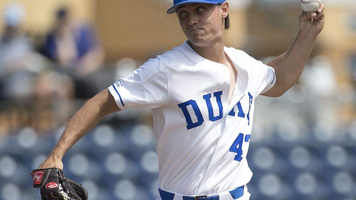 Duke starting pitcher Mitch Stallings (47) works from the mound in the first inning against Louisville during the ACC Championship on Friday, May 25, 2018, at Durham Bulls Athletic Park in Durham, N.C.