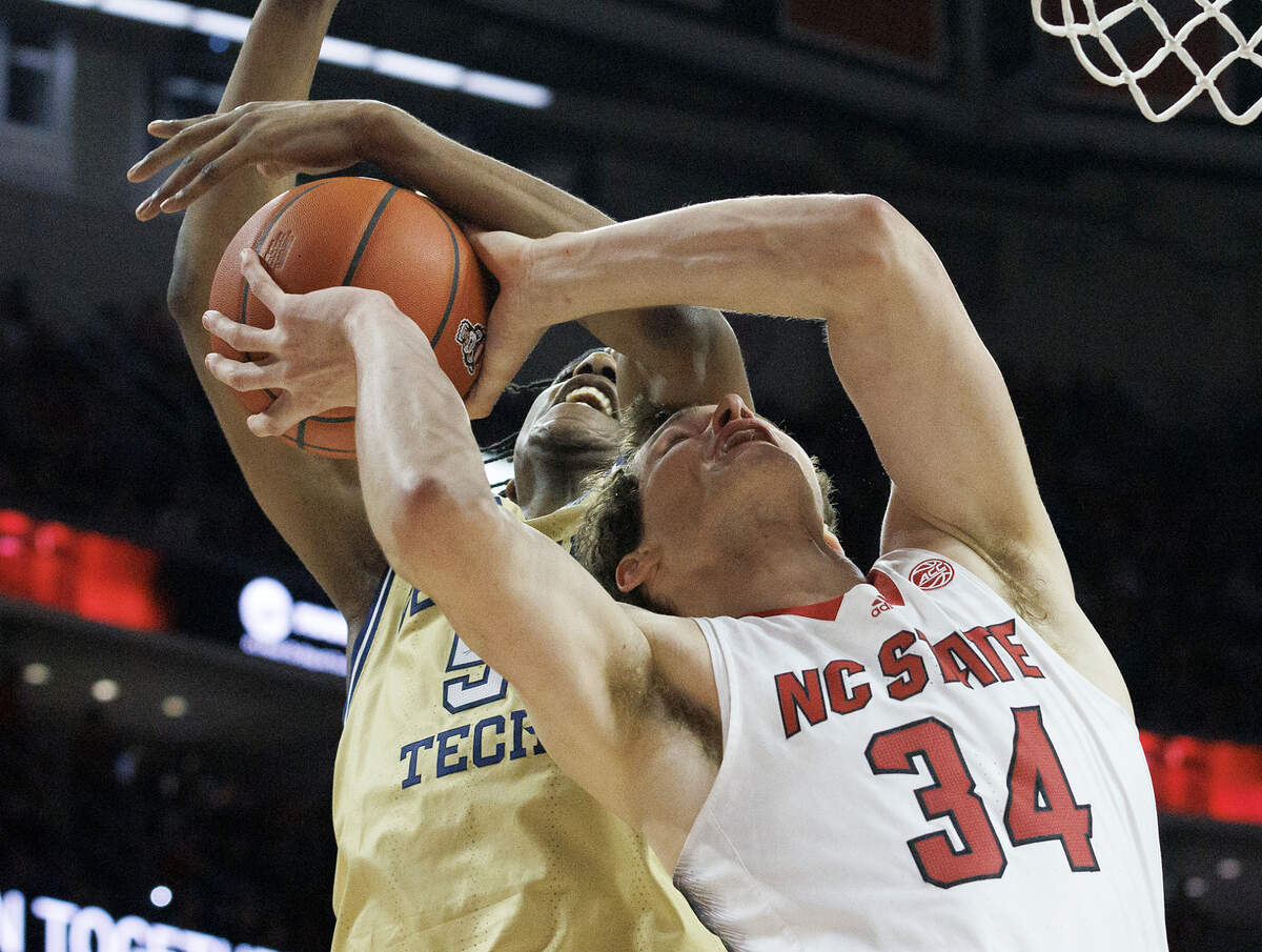 Georgia Tech’s Tafara Gapare blocks a shot by N.C. State’s Ben Middlebrooks during the first half of the Wolfpack’s 82-76 win on Saturday, Feb. 3, 2024, at PNC Arena in Raleigh, N.C.