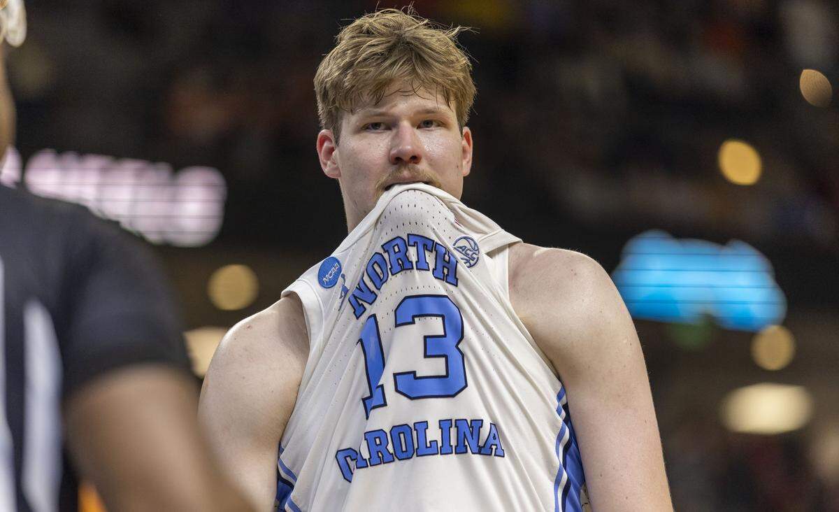 North Carolina center Henri Veesaar (13) reacts after missing two free throws in overtime, securing a 82-78 victory for VCU, on Thursday, March 18, 2026, during the first round of the NCAA Tournament at Bon Secours Arena in Greenville, S.C.