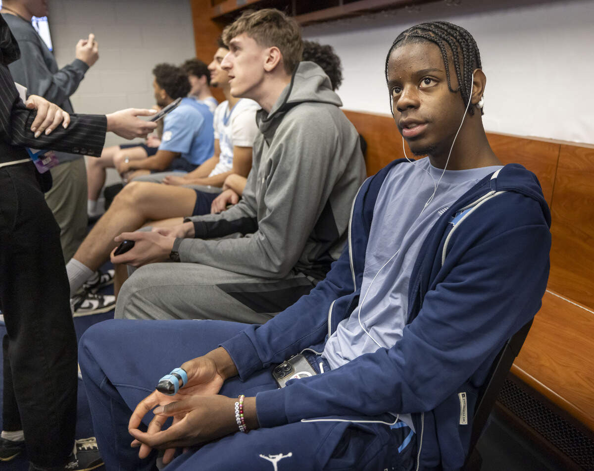 North Carolina forward Caleb Wilson, out with a broken thumb, takes questions from the media in the Tar Heels’ locker room on Wednesday, March 18, 2026, at Bon Secours Arena in Greenville, S.C.