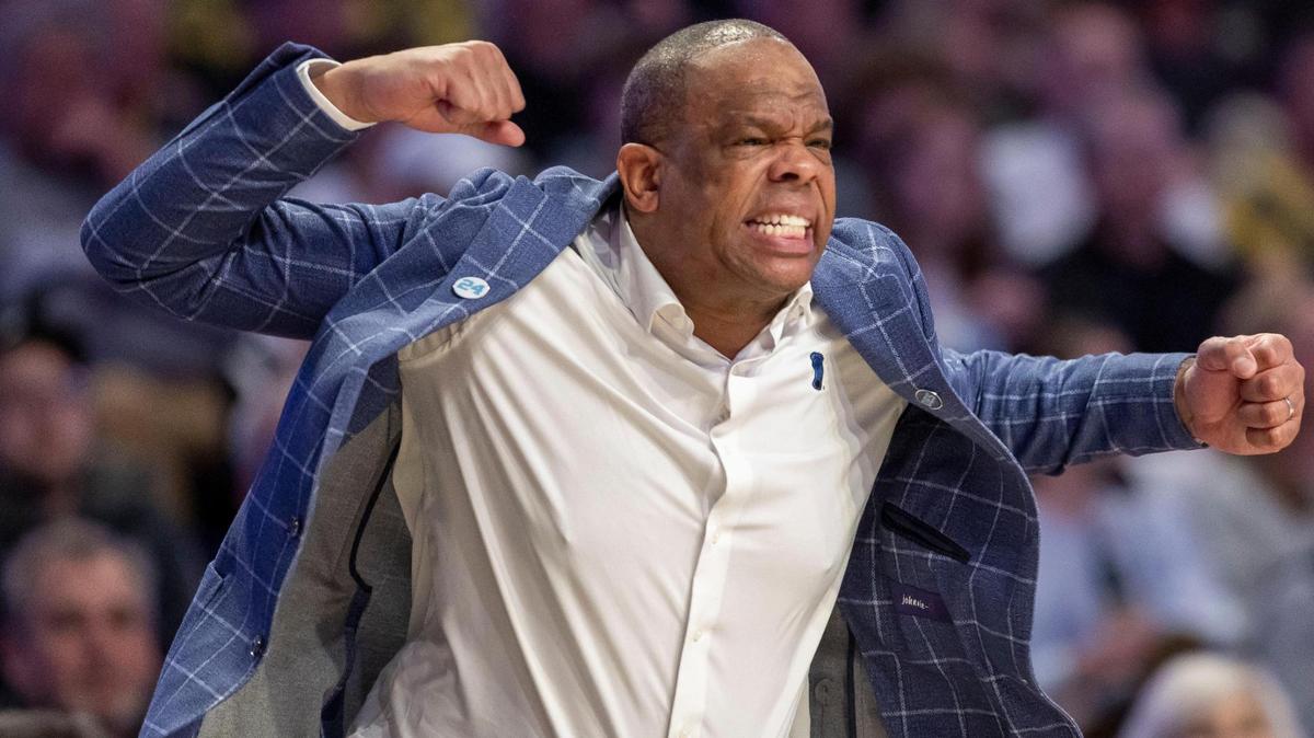 North Carolina coach Hubert Davis reacts to a turnover by his team in the first half against Wake Forest on Tuesday, January 21, 2025 at Lawrence Joel Coliseum in Winston-Salem, N.C.