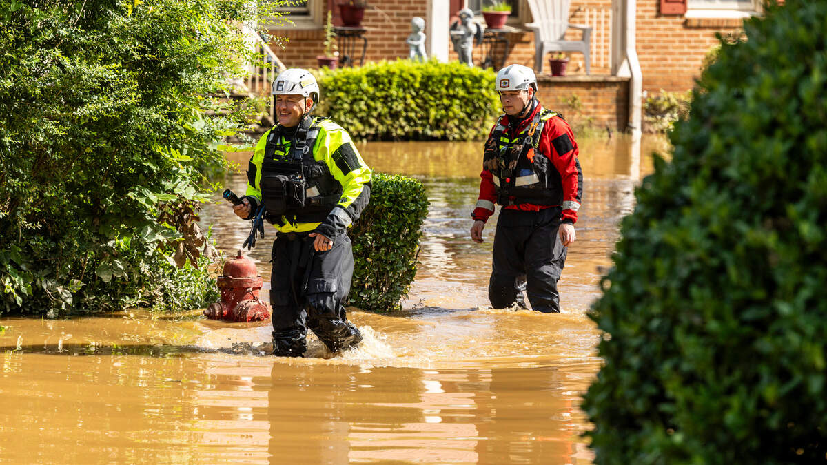 A water rescue unit checks for gas leaks in the Old Farm neighborhood along the Eno River in Durham on Monday morning, July 7, 2025, after Tropical Storm Chantal caused flash flooding.