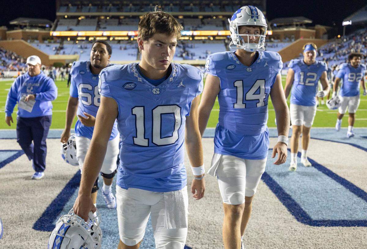 North Carolina quarterback Drake Maye (10) leaves the field following the Tar Heels’ 31-27 loss to Virginia on Saturday, October 21, 2023 at Kenan Stadium in Chapel Hill, N.C. Maye was intercepted on the final drive of the game securing the win for the Cavaliers.