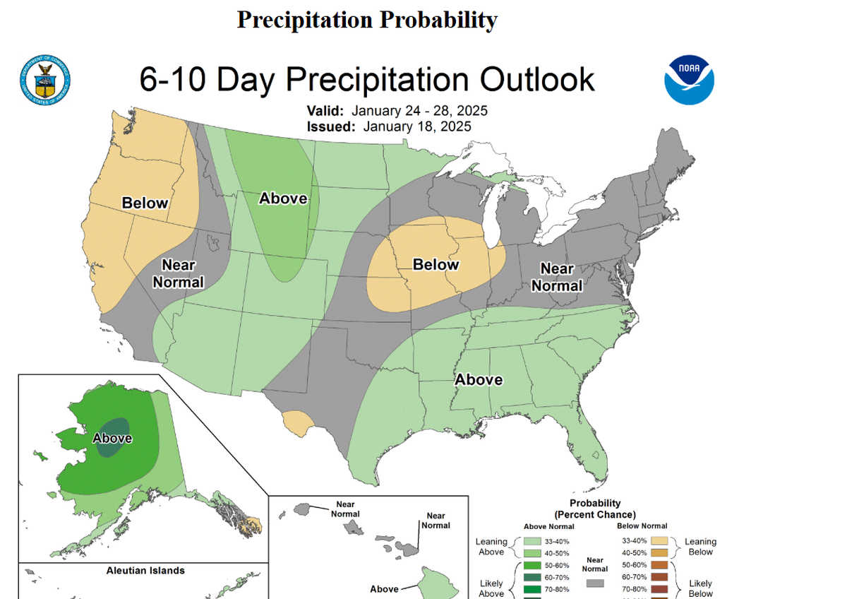 The National Weather Service 6-10 day Precipitation Outlook map showing precipitation probability for North Carolina for Jan. 24-28, issued Jan. 18, 2025.