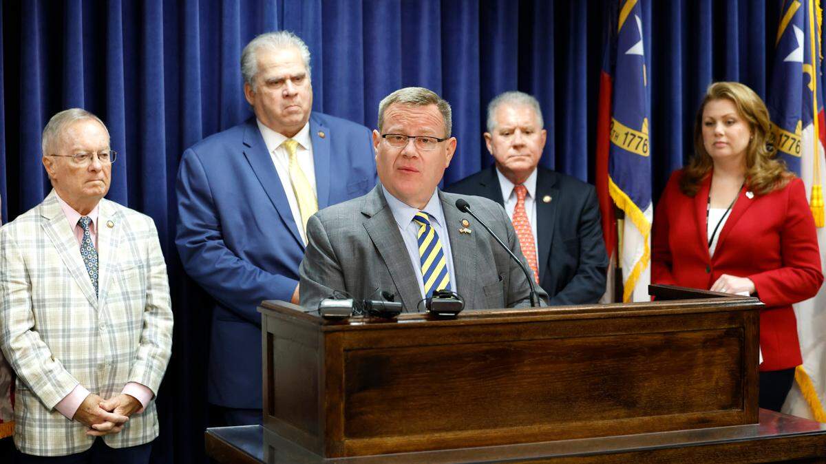 NC House Speaker Tim Moore speaks about about HB942, the Shalom Act, during a press conference at the Legislative Building in Raleigh, N.C., Wednesday, May 8, 2024.