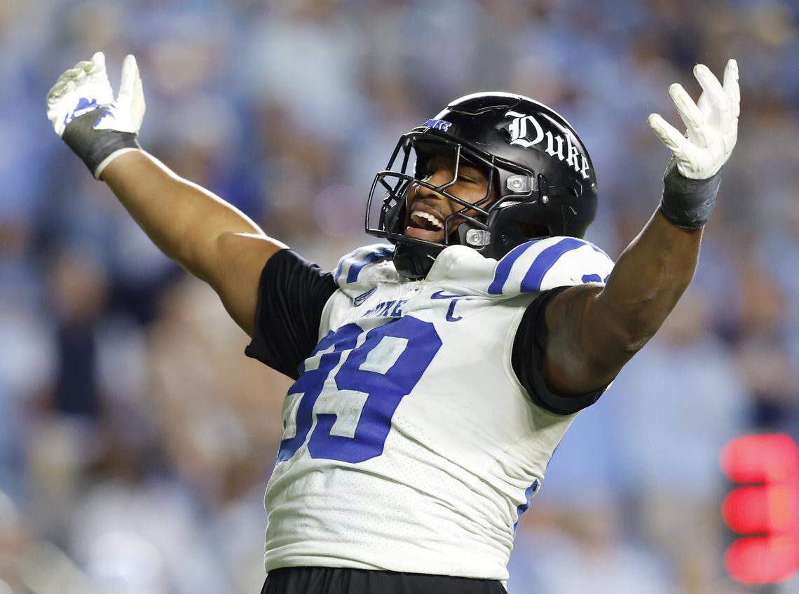 Duke’s Aaron Hall reacts after sacking North Carolina quarterback Gio Lopez during the second half of the Blue Devils’ 32-25 victory on Saturday, Nov. 22, 2025, at Kenan Stadium in Chapel Hill, N.C.