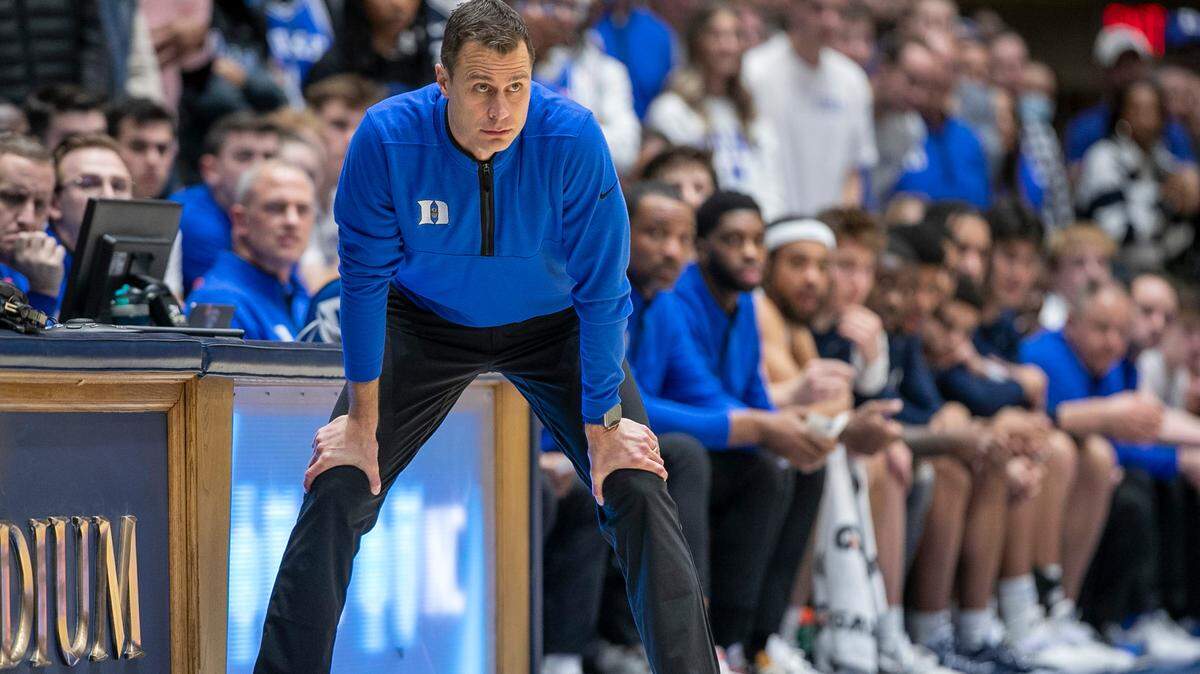 Duke coach Jon Scheyer watches his team on offense in the first half against North Carolina on Saturday, February 4, 2023 at Cameron Indoor Stadium in Durham, N.C