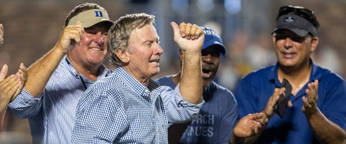 Former Duke coach Steve Spurrier is recognized with his 1989 Blue Devil team during the Clemson game on Monday, September 4, 2023 at Wallace Wade Stadium Stadium in Durham, N.C.