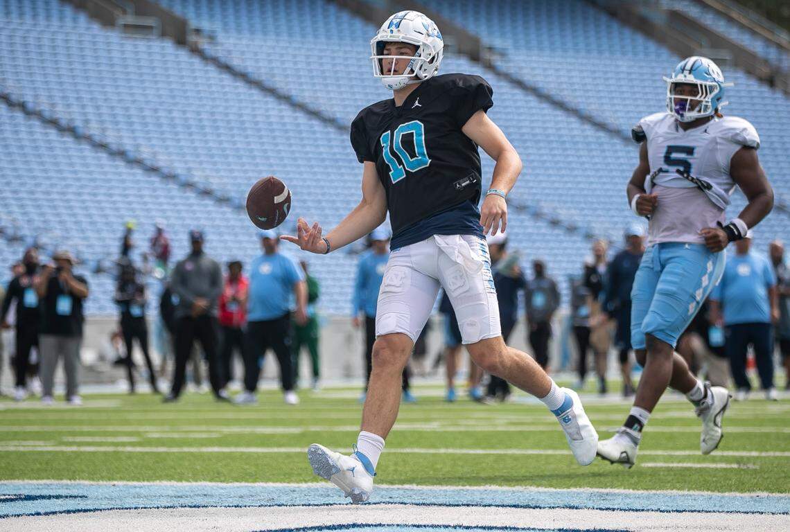 North Carolina quarterback Drake Maye (10) scores a touchdown on a short run during a scrimmage at the Tar Heels’ open practice on Saturday, March 25, 2023 at Kenan Stadium in Chapel Hill. N.C.