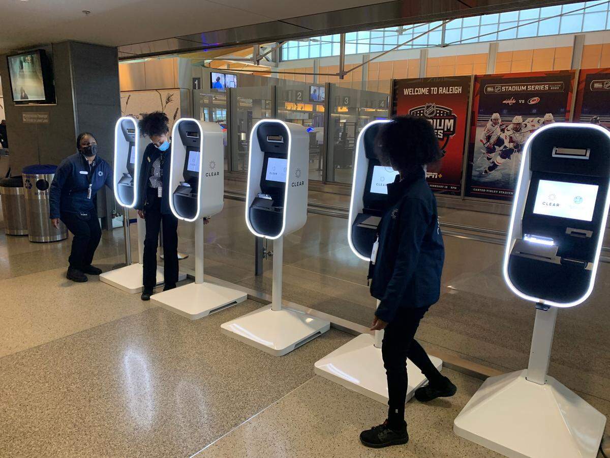 A bank of CLEAR enrollment kiosks in Terminal 2 at Raleigh-Durham International Airport. The company offers biometric identification verification to streamline the airport passenger screening process.