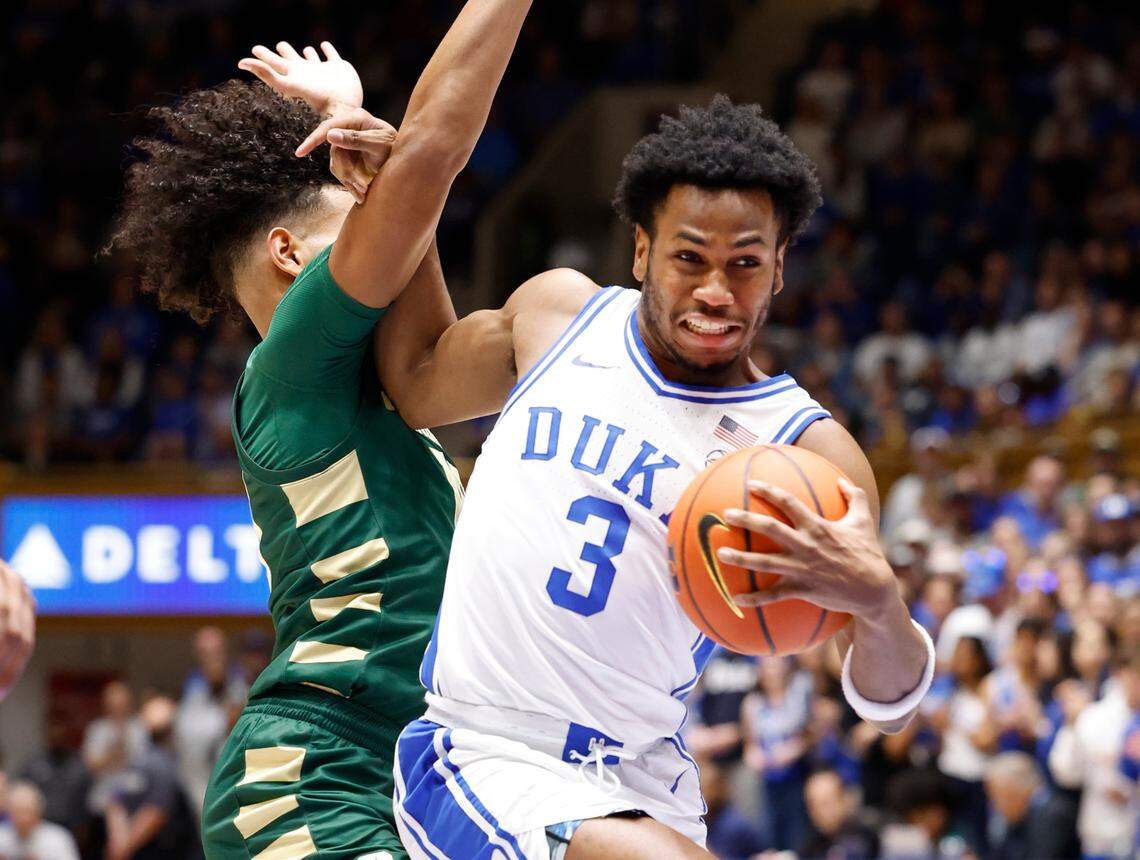 Duke’s Jeremy Roach (3) drives around Charlotte’s Nik Graves (10) during the first half of Duke’s game against Charlotte at Cameron Indoor Stadium in Durham, N.C., Saturday, Dec. 9, 2023.