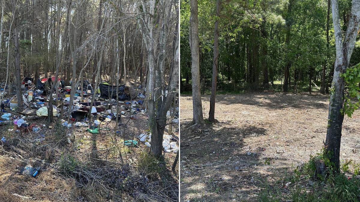 Two photos of a wooded area beside the exit ramp from eastbound Interstate 40 at South Saunders Street in Raleigh. The photo on the left was taken in January, before contractors removed 45 tons of debris from the interchange in late March.