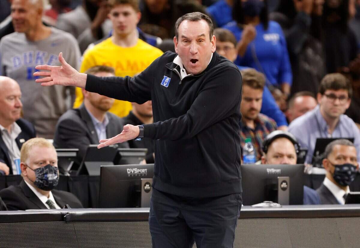Duke head coach Mike Krzyzewski argues about the call during the first half of Dukes game against Arkansas in the NCAA Tournament West Regional finals at the Chase Center in San Francisco, Calif., Saturday, March 26, 2022.