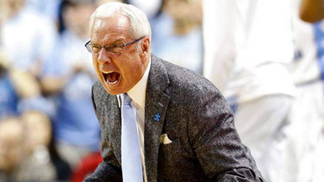 FILE - In this Feb. 5, 2017, file photo, North Carolina head coach Roy Williams reacts during the second half of an NCAA college basketball game against Notre Dame, in Greensboro, N.C.  (AP Photo/Gerry Broome, File)