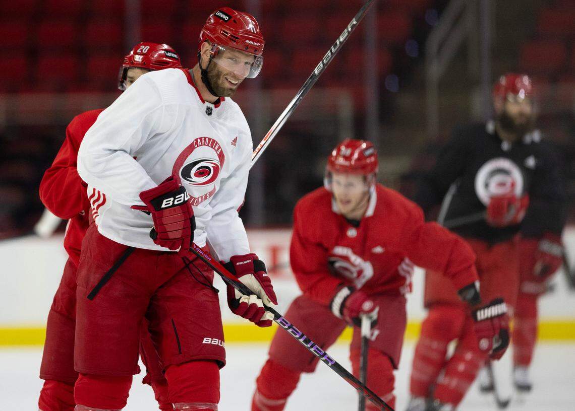 Carolina Hurricanes captain Jordan Staal (11) smiles during practice on Thursday, May 2, 2024 at PNC Arena in Raleigh, N.C.