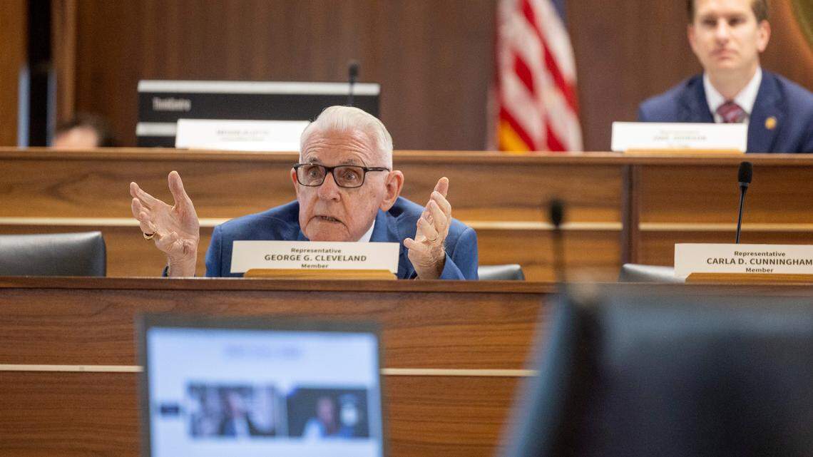 Rep. George Cleveland, an Onslow County Republican, questions Alan Hirsch, the Chair of the North Carolina State Board of Elections, via video call during a House Oversight Committee hearing on Tuesday July, 23, 2024 at the Legislative Building. Republicans called the North Carolina State Board of Elections to an Oversight hearing to question them about Robert F. Kennedy and Cornel West’s ballot access.