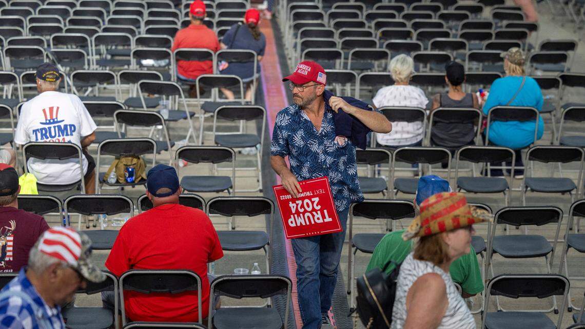 Supporters of former President Donald Trump depart the Aero Center at the Wilmington Airport after the planned rally was cancelled due to the threat of inclement weather on Saturday, April 20, 2024 in Wilmington, N.C.