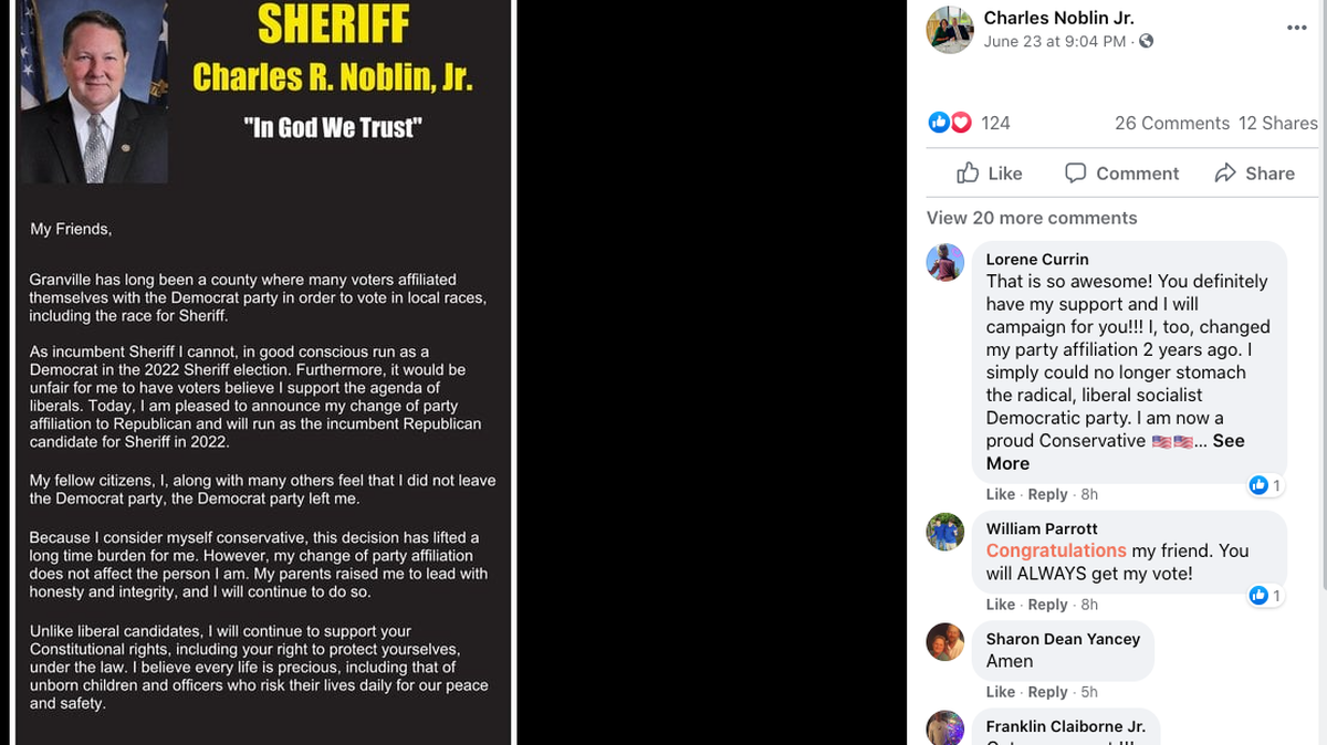Granville County Sheriff Charles Noblin is switching political parties.