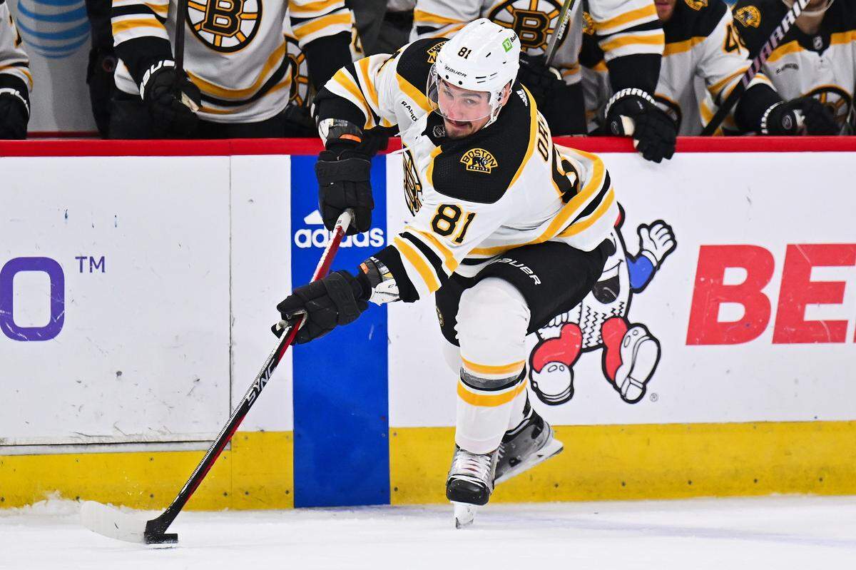 Boston Bruins defenseman Dmitry Orlov (81) skates against the Chicago Blackhawks at United Center.