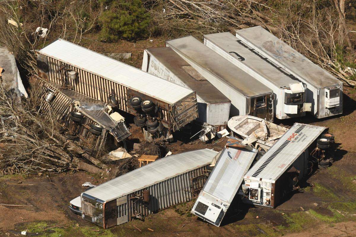 This aerial photo shows the devastation Tuesday Feb. 16, 2021, in the Ocean Ridge Plantation area of Brunswick County, N.C. following a tornado.