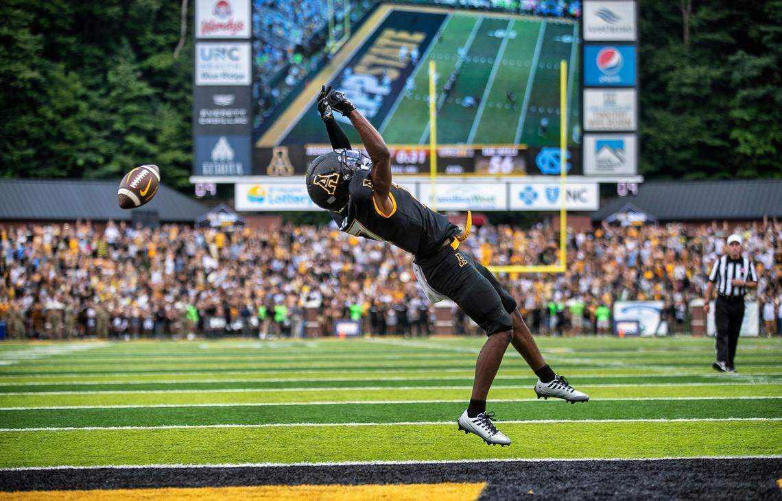 Appalachian State’s Dashaun Davis (17) can’t pull in a pass from quarterback Chase Brice on a two-point conversion attempt to win the game with :28 seconds to play on Saturday, September 3, 2022 at Kidd Brewer Stadium in Boone, N.C.