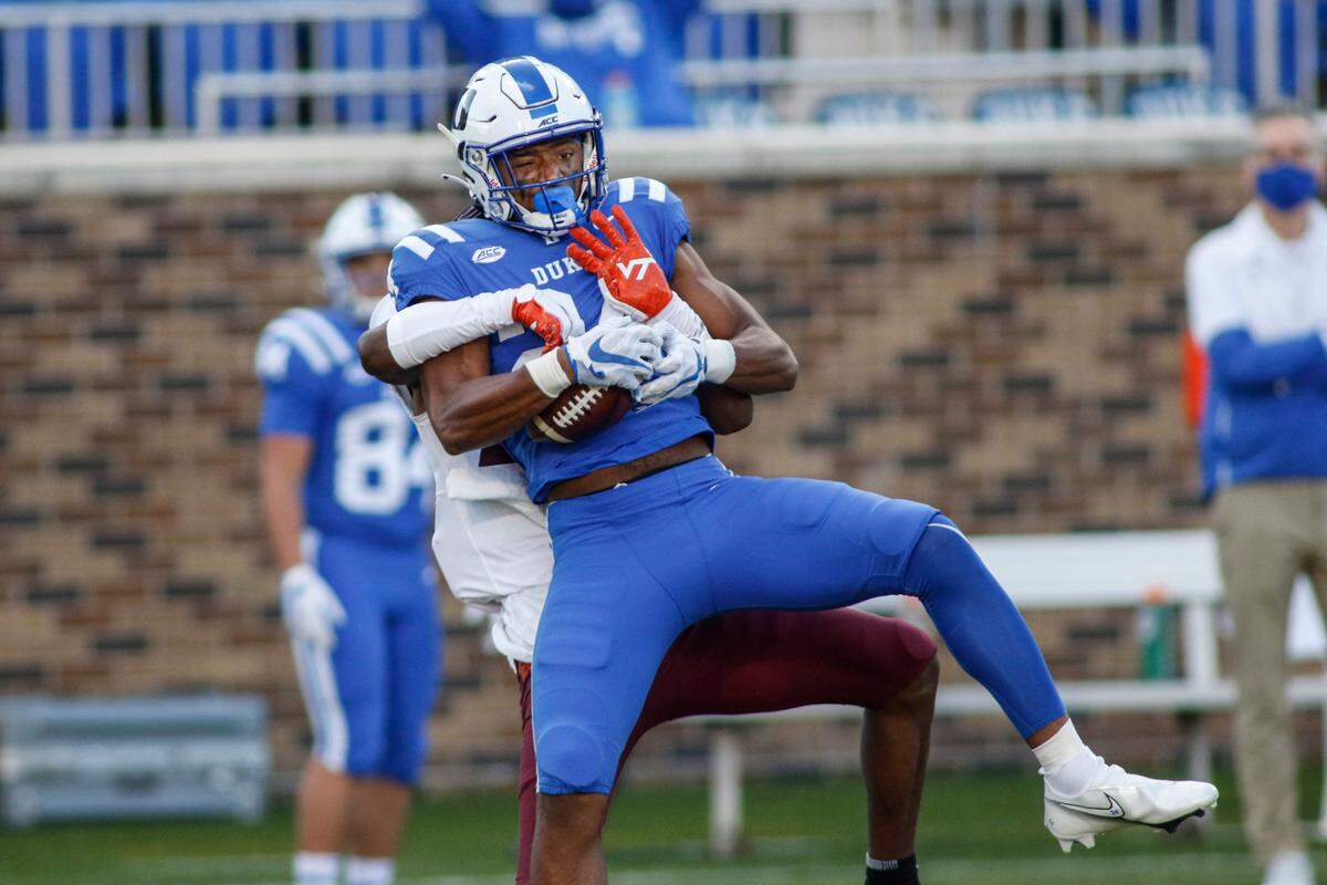 Duke wide receiver Jarett Garner (24) catches a pass against Virginia Tech during the second half of an NCAA college football game Saturday, Oct. 3, 2020, in Durham, N.C. (Nell Redmond/Pool Photo via AP)
