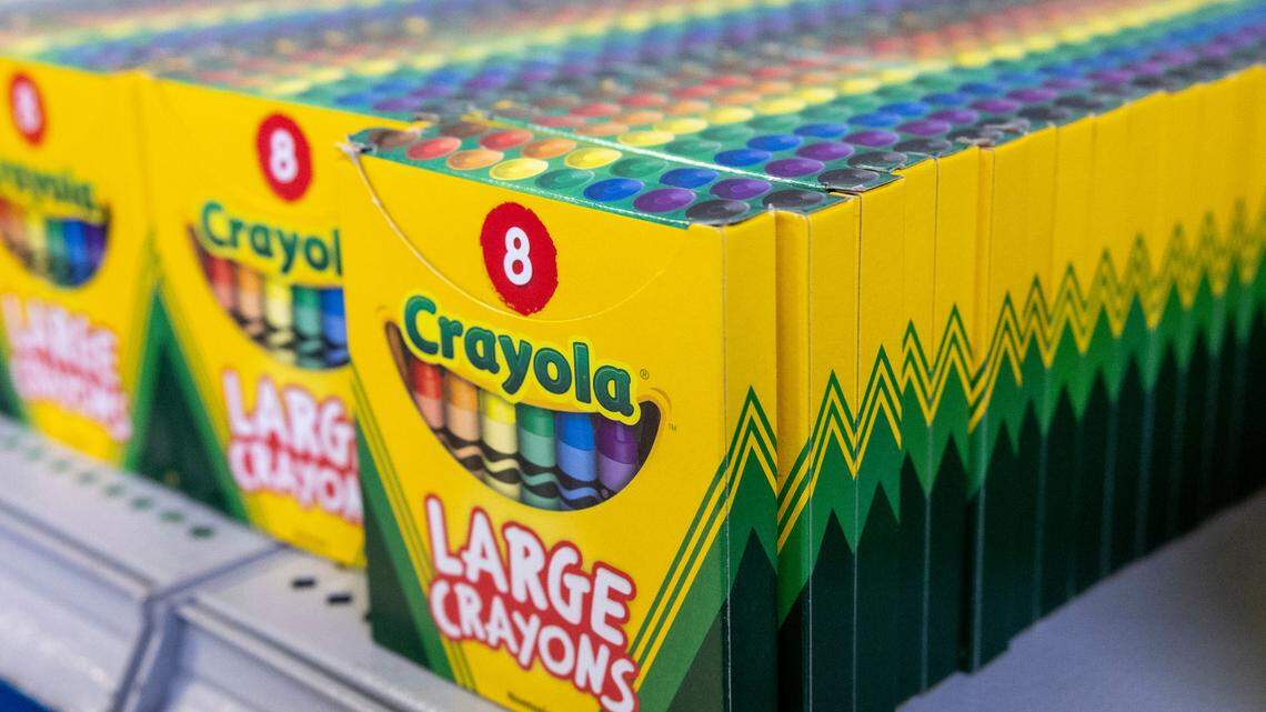 Dozens of boxes of crayons sit on shelves at the Tools4Schools store in Cary Tuesday, Aug 22, 2023. Tools4Schools provides free classroom supplies for teachers in the Wake County school district.