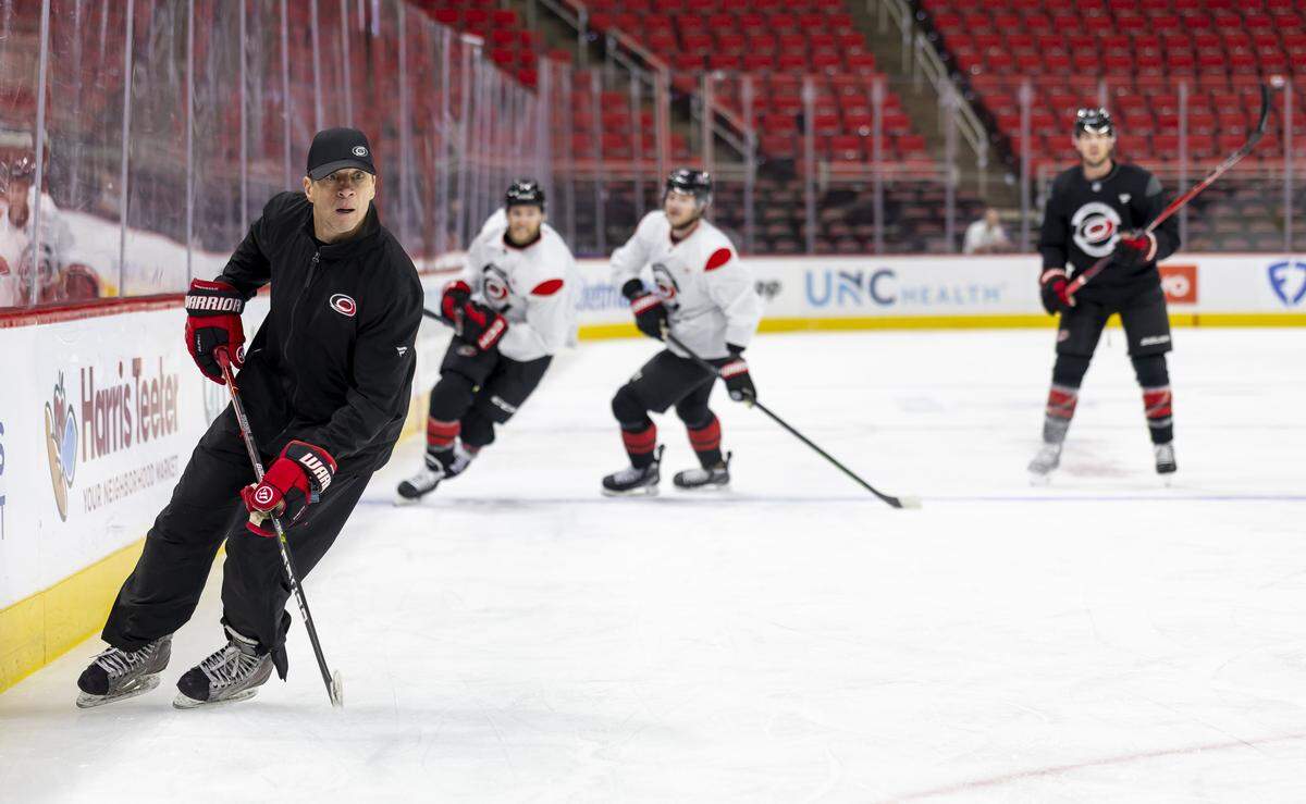 Carolina Hurricanes coach Rod Brind’Amour skates with his players as they prepare for the Game 1 of the Stanley Cup Playoffs against Las Vegas, on Monday June 1, 2026 at Lenovo Center in Raleigh, N.C.
