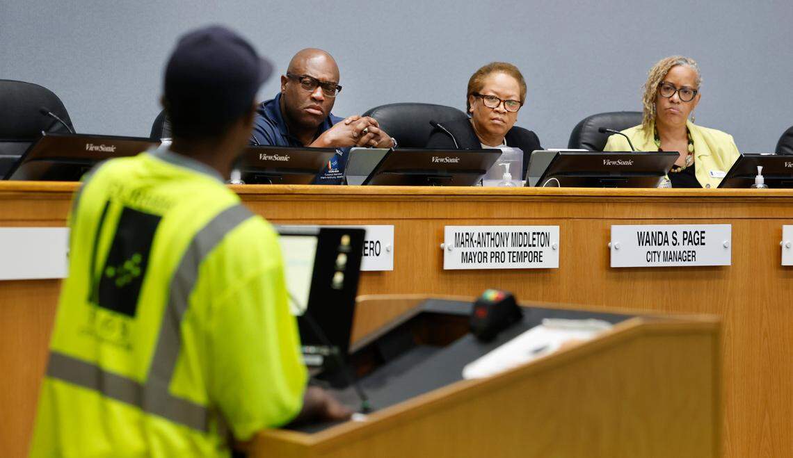 Mayor Pro Tempore Mark-Anthony Middleton, center left, City Manager Wanda Page and Durham Mayor Elaine O’Neal listen to a sanitation worker speak during a council work session at City Hall in Durham, N.C., Thursday, Sept. 7, 2023.