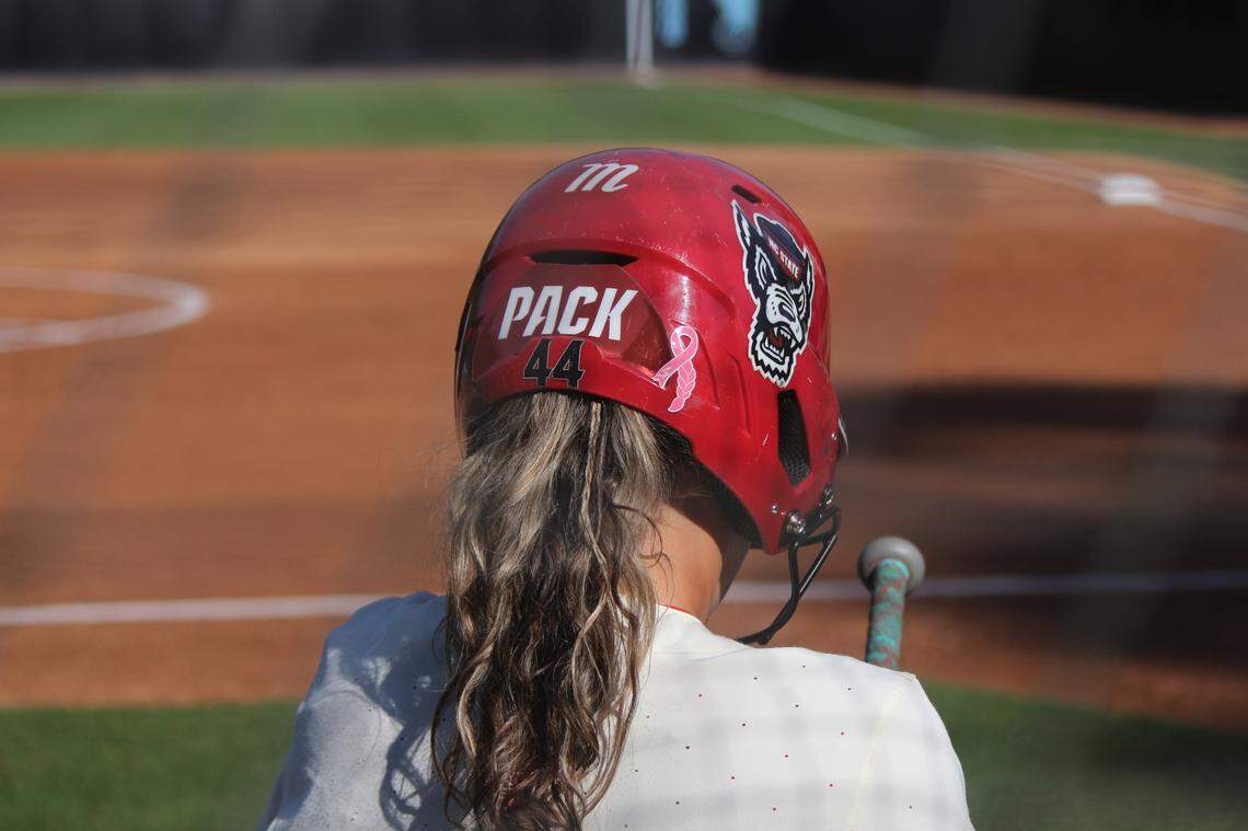 N.C. State outfielder Taylor Easley (44) stands in the on-deck circle during the Wolfpack’s 5-4 win over UNC on Friday, April 18, 2025, Anderson Stadium in Chapel Hill, N.C.