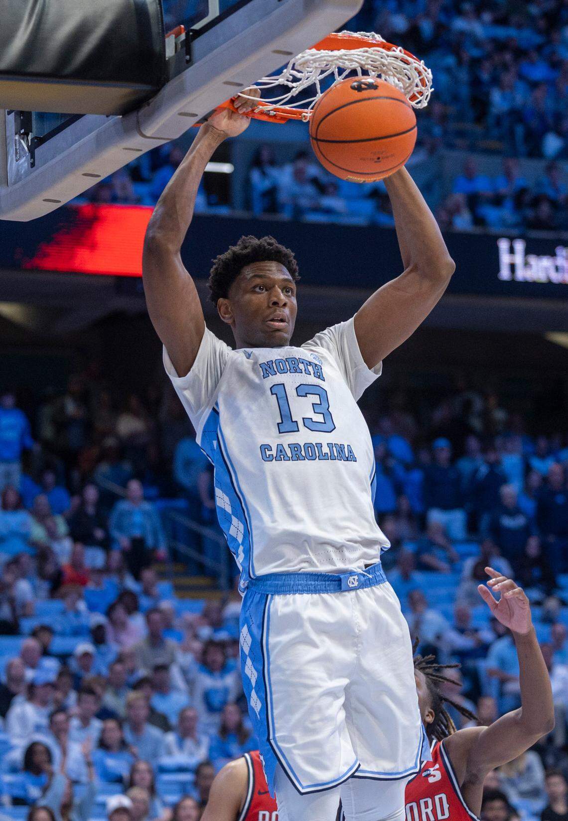 North Carolina’s Jalen Washington (13) gets a dunk for two of his eight points in the second half against Radford on Monday, November 6, 2023 at the Dean Smith Center in Chapel Hill, N.C.