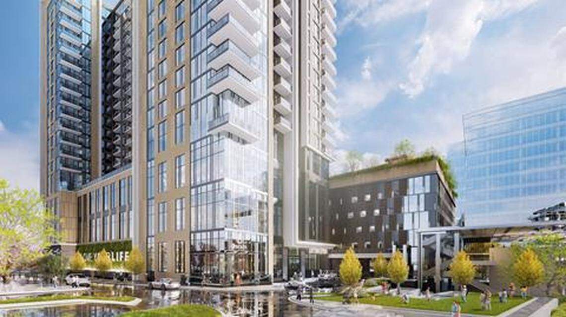 A rendering of The Exchange Raleigh’s second phase, which includes an apartment tower with 250-plus units for lease and 80,000-square-foot country club.