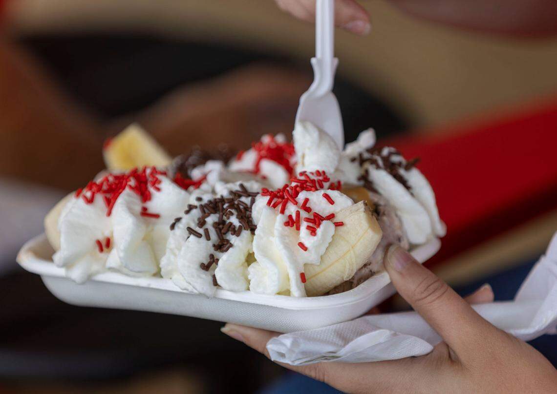 A banana split from the Howling Cow Creamery at the N.C. State Dairy Education Center on Lake Wheeler Road on Friday July 1, 202 in Raleigh, N.C.
