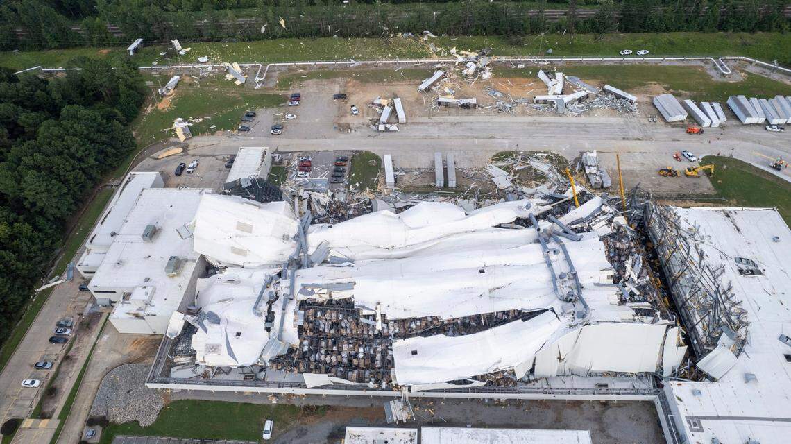 A section of a Pfizer facility in Rocky Mounty sustained heavy tornado damage Wednesday, July, 19, 2023.