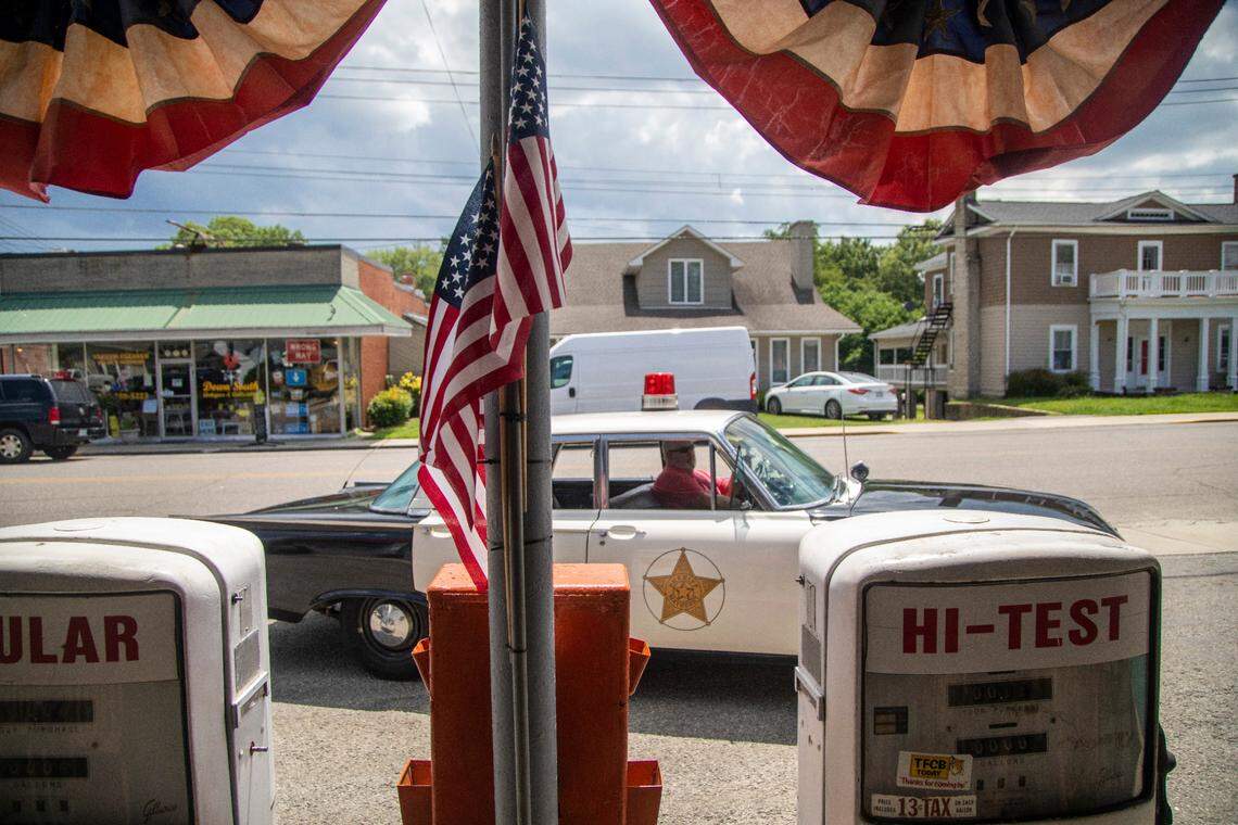 A photo-op replica of Wally’s Fillin’ Station hosts Mayberry Squad Car Tours in Mount Airy.
