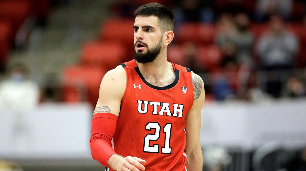Utah forward Dusan Mahorcic walks on the court during the first half of an NCAA college basketball game against Washington State, Wednesday, Jan. 26, 2022, in Pullman, Wash.