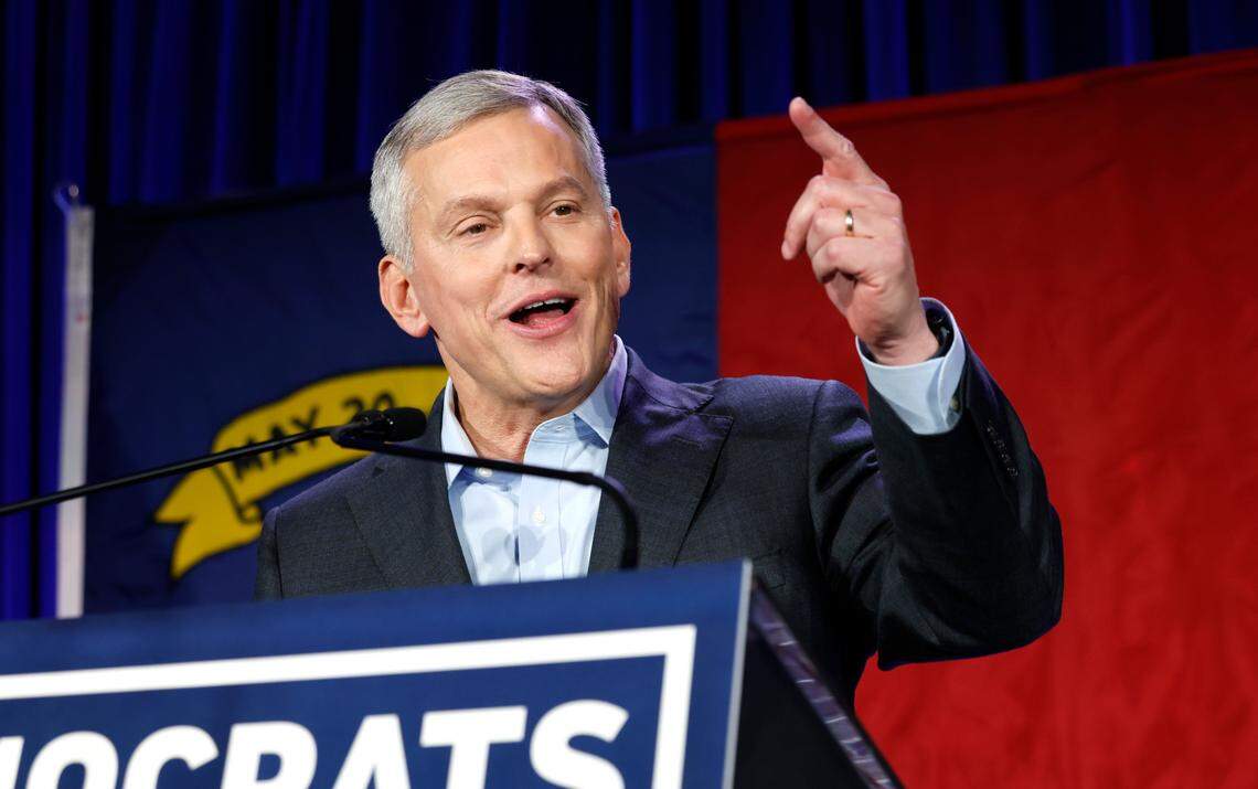 Governor-elect Josh Stein speaks to the crowd during a North Carolina Democratic Party election night event at the Marriott City Center in Raleigh, N.C., Tuesday, Nov. 5, 2024.